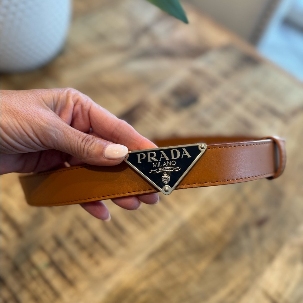 Prada Tan Leather Belt w/ Signature Logo no returns no refunds all sales final